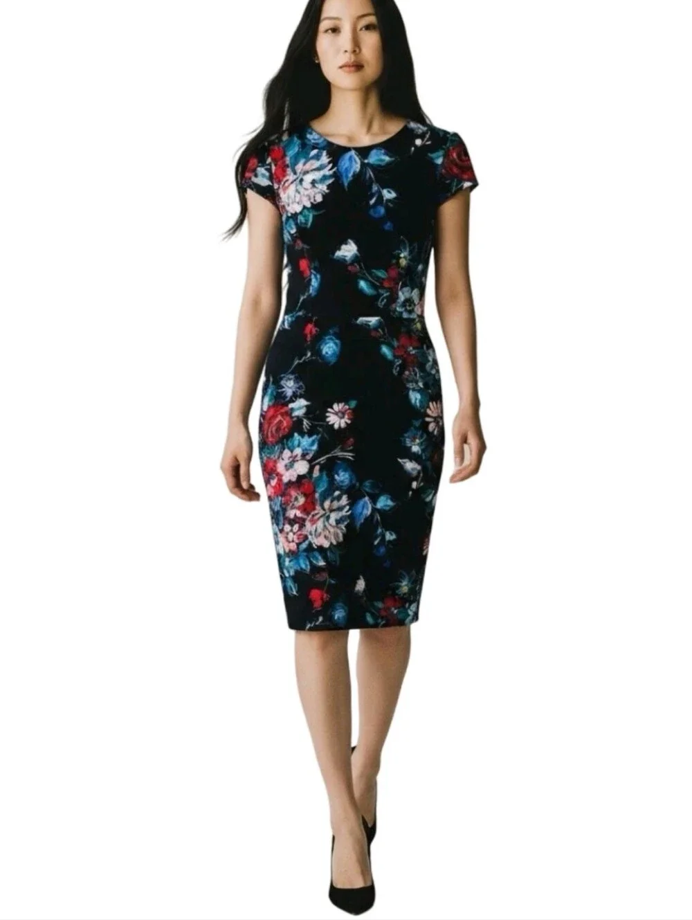 Betsey Johnson Black Floral Sheath Midi Dress with Pink & Blue Blooms Size 4